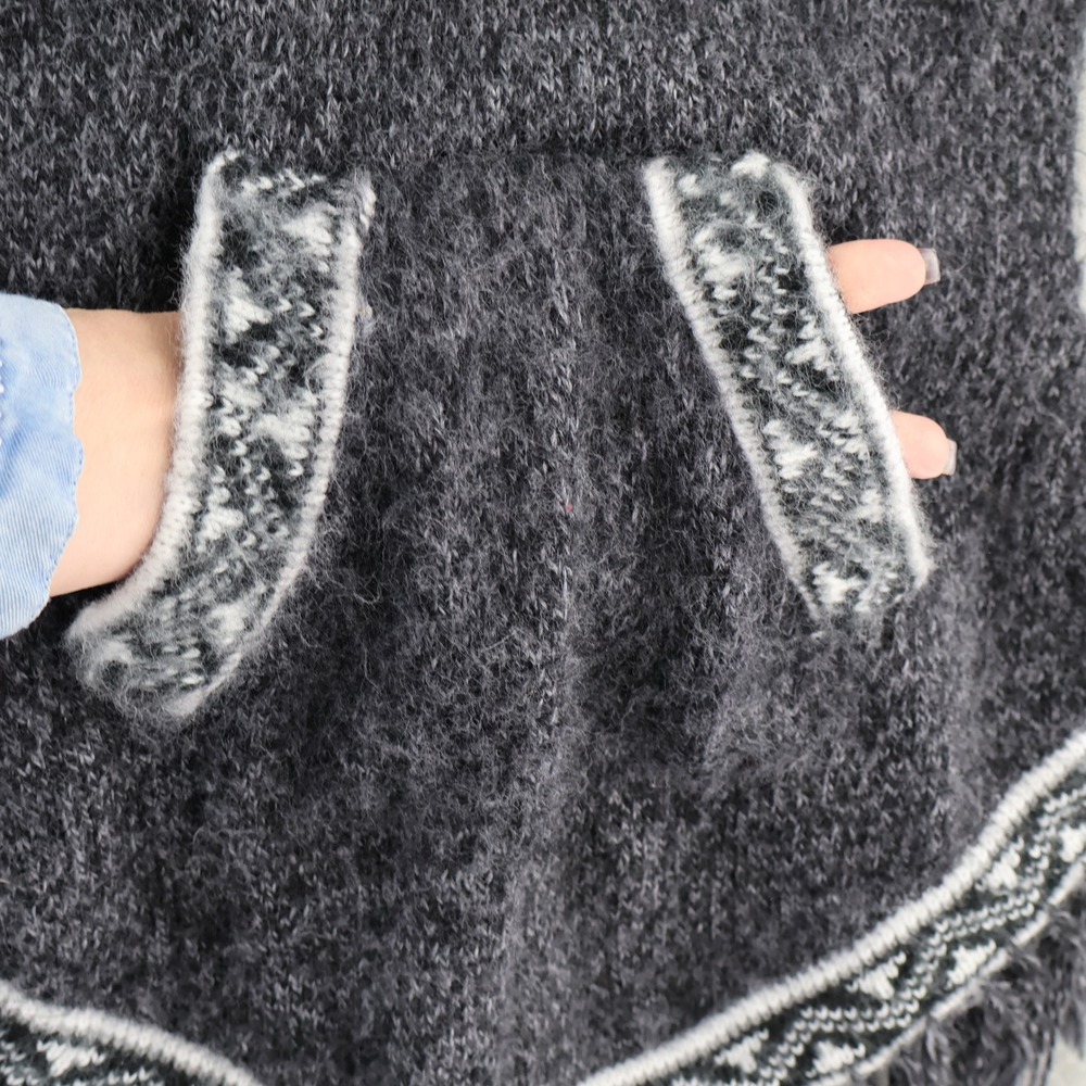 Alpaca Snowflake Hooded Sweater Womens XS Charcoal Gray Fringe Hem Apres Ski - Picture 2 of 16